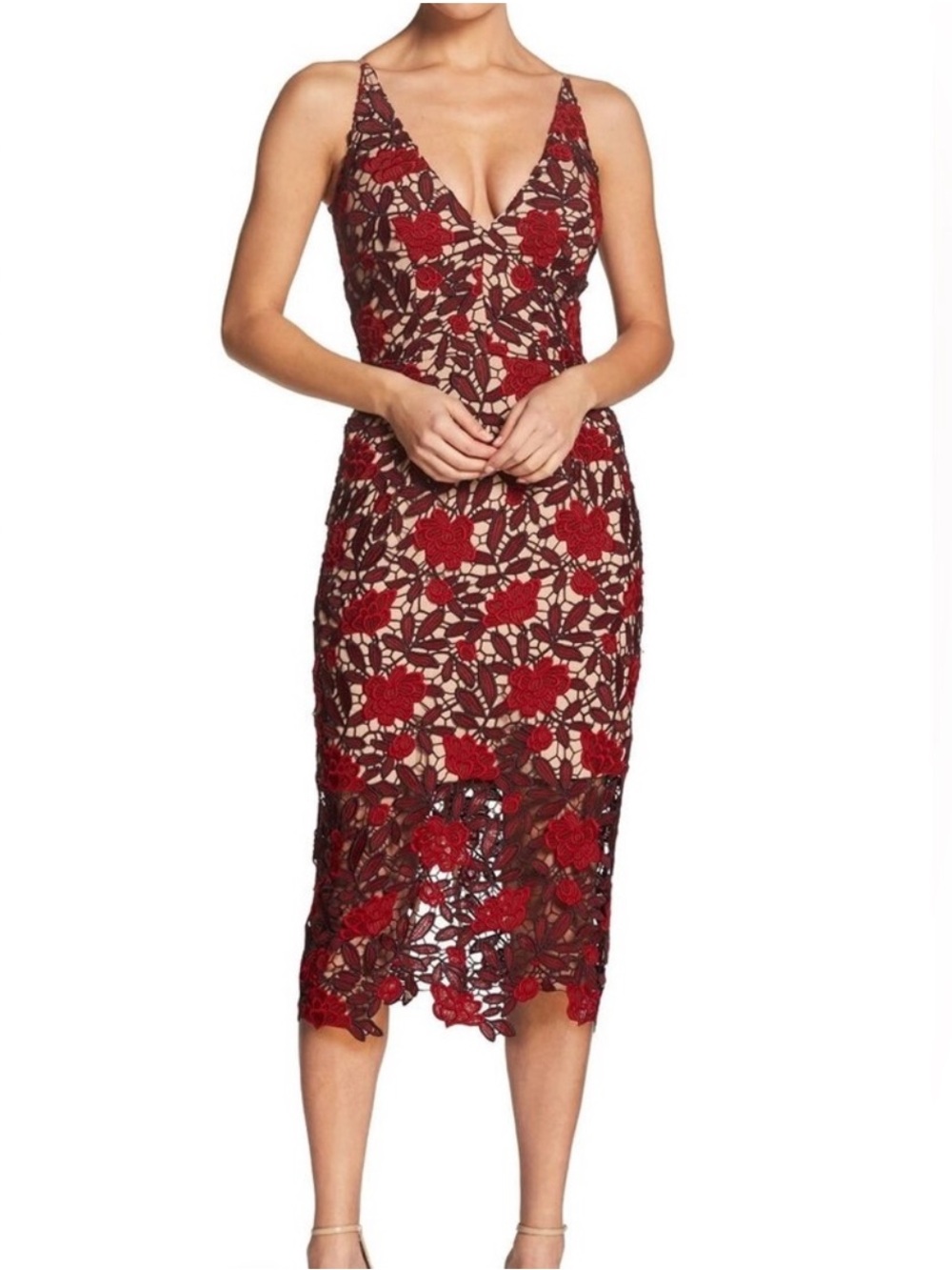 Dress the Population Aurora red lace midi dress